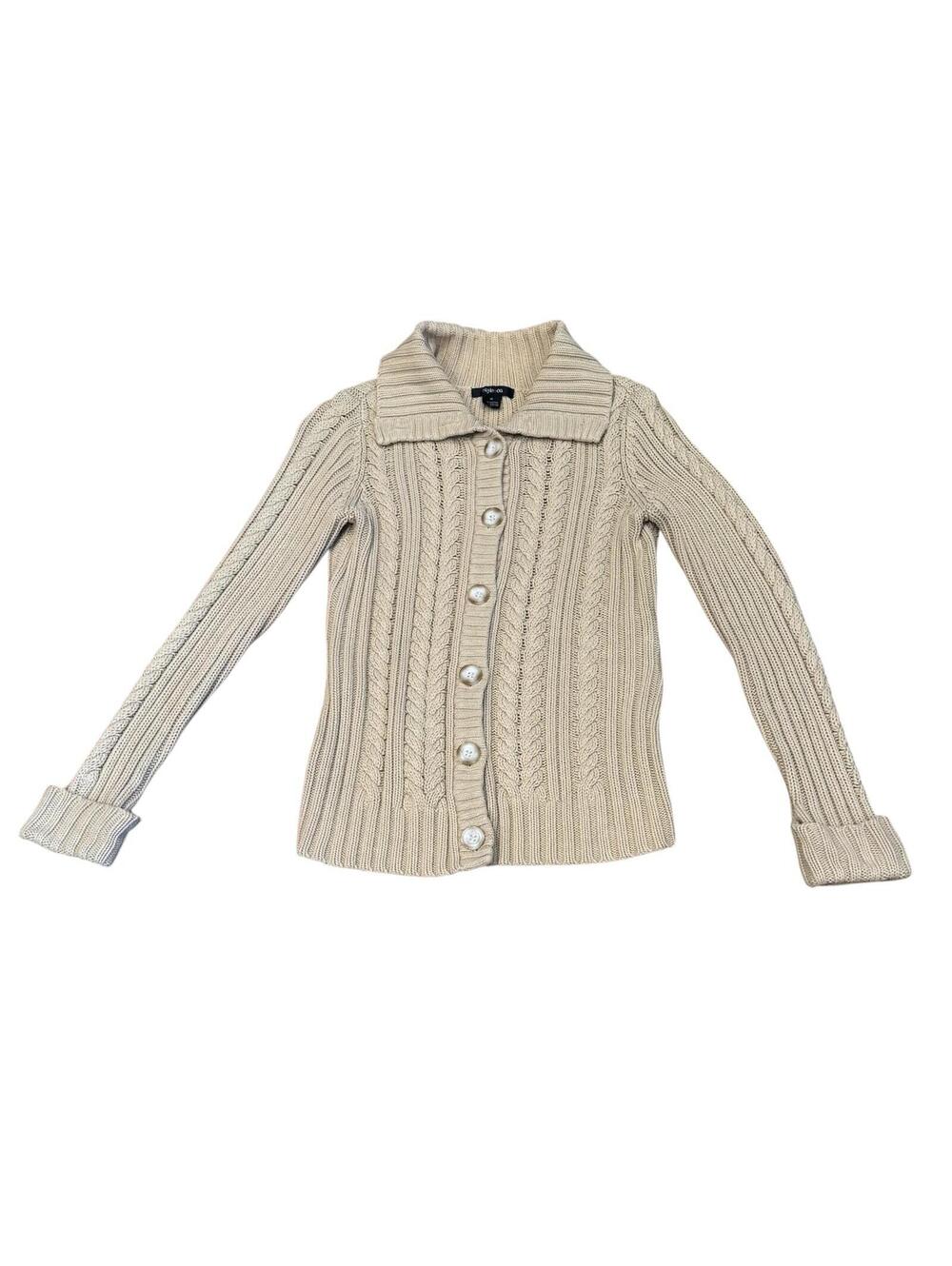 Y2K Cable Knit Cardigan Sweater Beige Womens Medium Collared Style&Co chunky